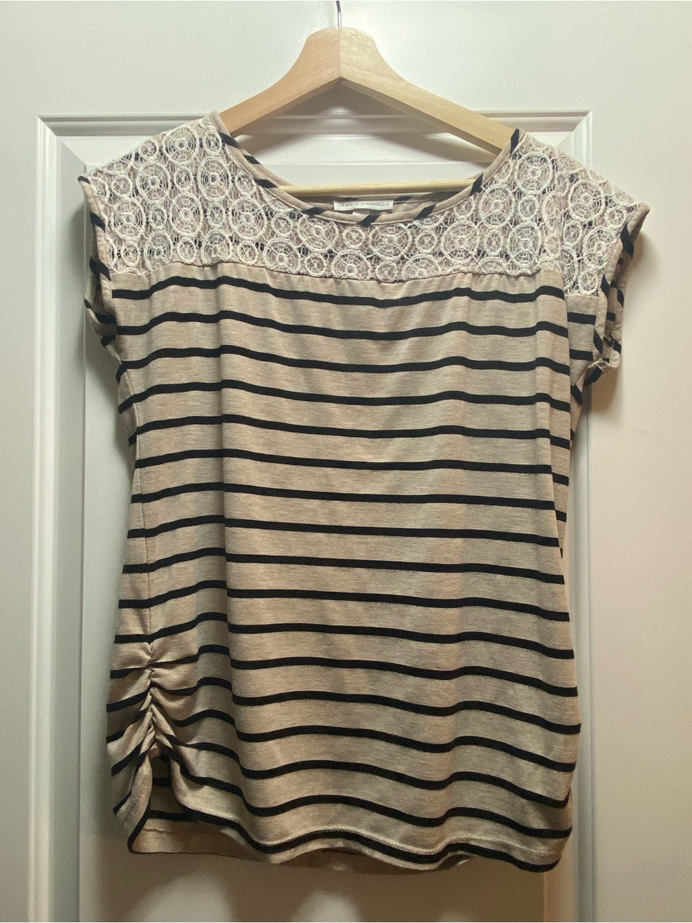 Maria Gabrielle Tan and Black Stripe Tee with Lace and Ruche Detail Petite L